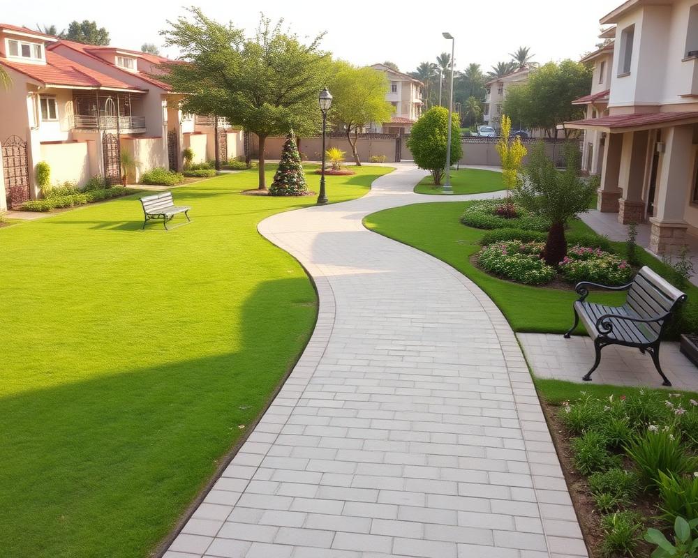 Landscaped community garden with walking paths