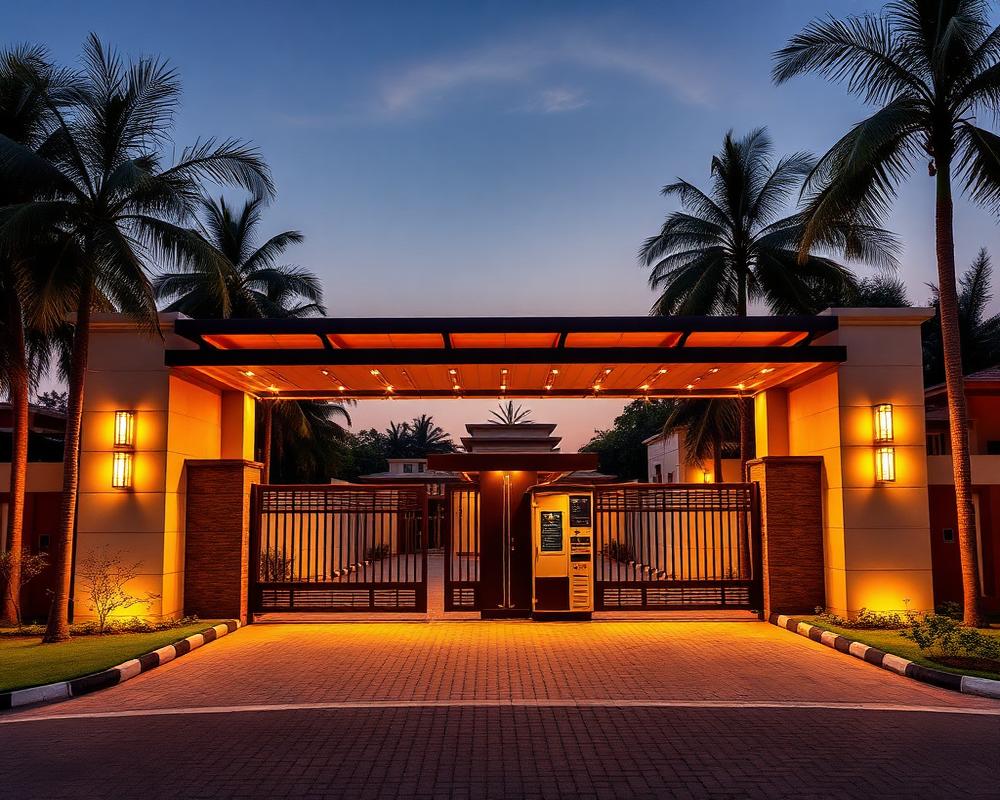 Grand entrance gate of Emerald Estates at dusk