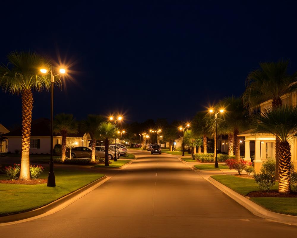 Township street at night with warm street lighting