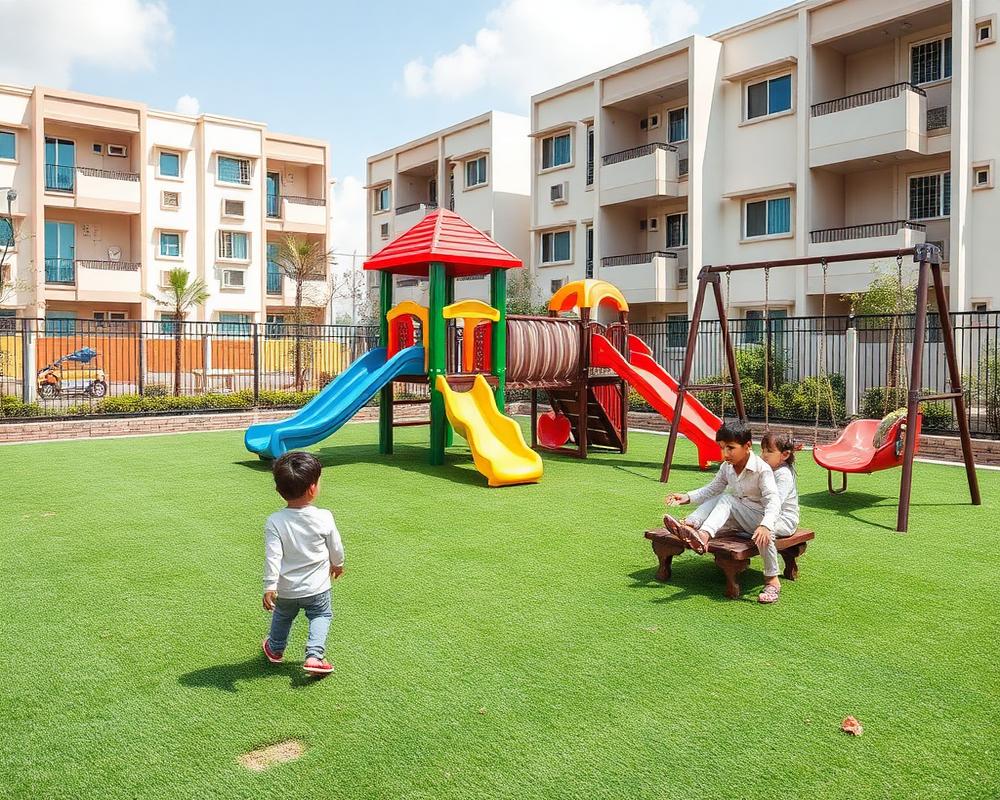 Children's play area with slides and swings
