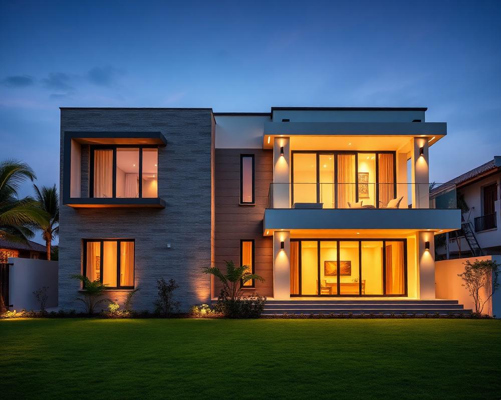 Modern villa exterior in the township at evening