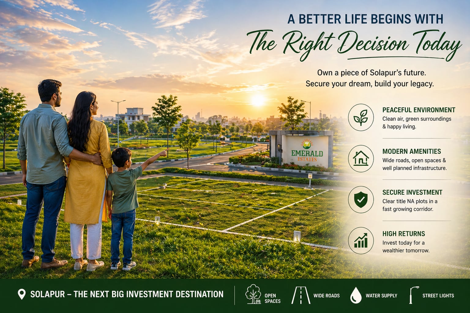 A family looking at their future home plot in Emerald Estates Solapur